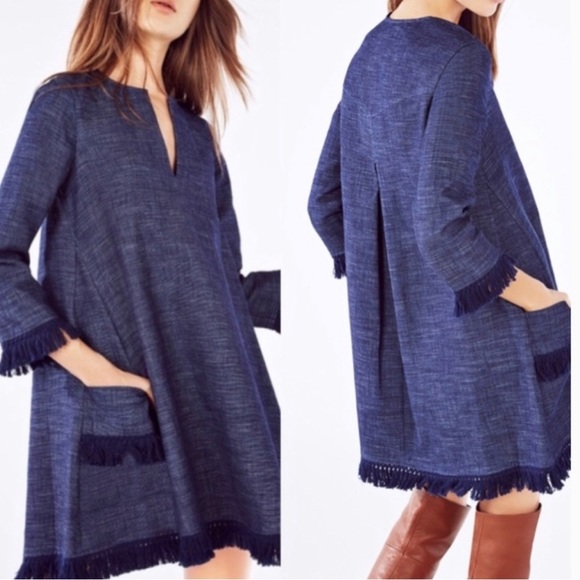 BCBG Swing Fringe Dress Size XXS Oversize Trysta Woven Cotton Denim Blue Pockets - Picture 2 of 8